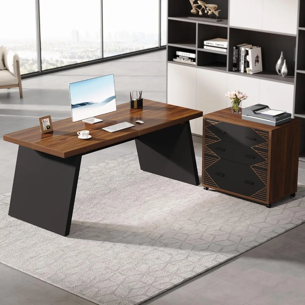 

L-Shaped Executive Desk, 62" Large Home Office Computer Desk with 2 Storage Drawers and Letter Size File Cabinet