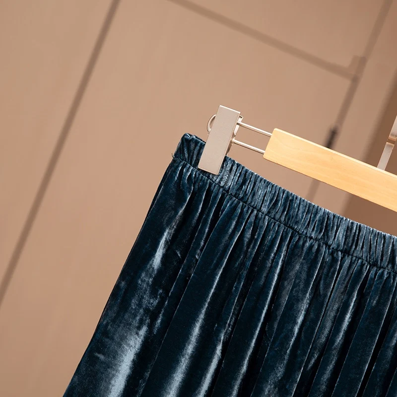 女性用ベルベットミディスカート,100% ブラックシルクライニング,ピーコックブルー,伸縮性ウエスト,シック,オフィスウーマン,qq010