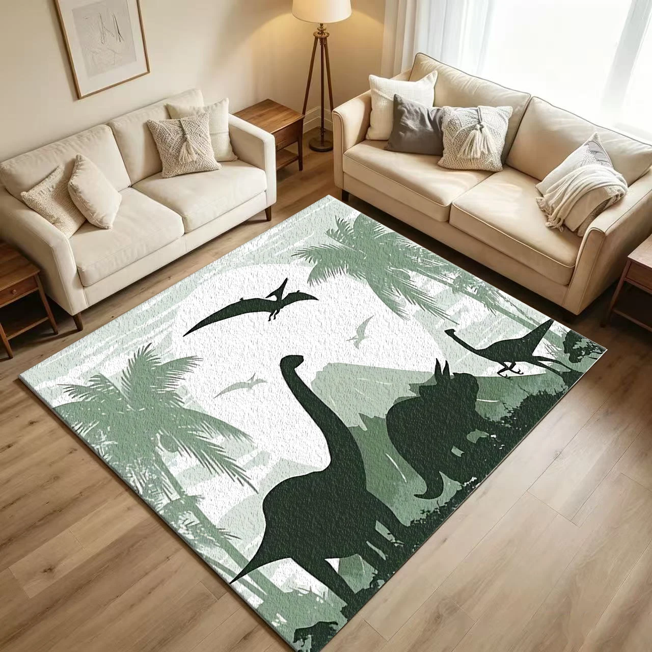 Dinosaur Silhouette Prehistoric Scene Rug Non-Slip Washable Floor Carpet Suitable for Boys Children's Bedroom Playroom Decoration