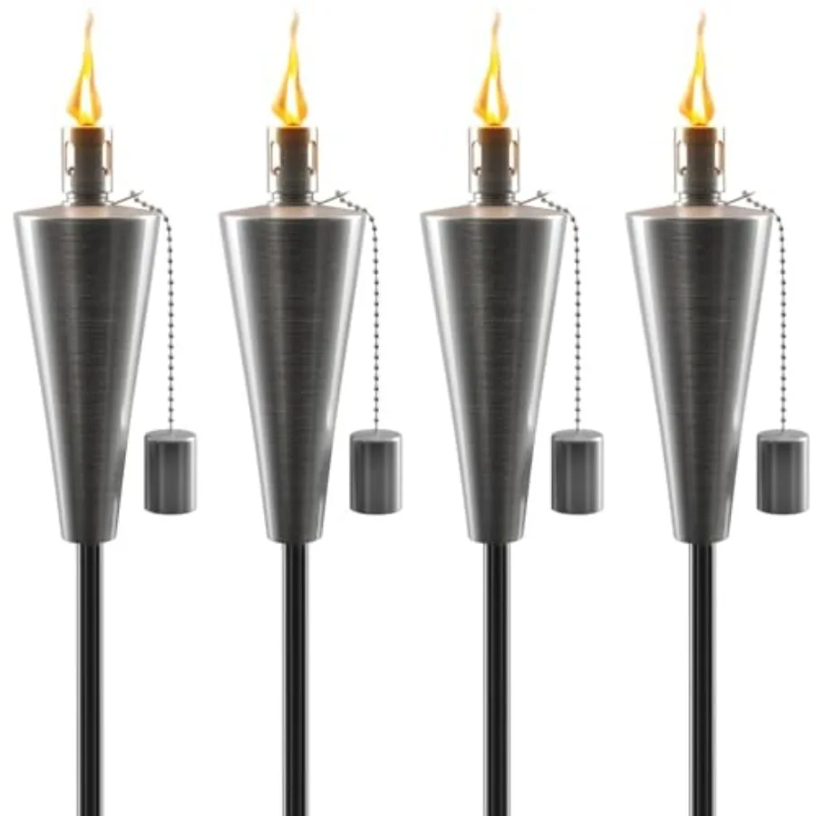 

Stainless Steel Torches for Outside - Outdoor Torches - Patio Garden and Yard Lights - 5 Feet Oil Lamp for Citronella - Fibergl