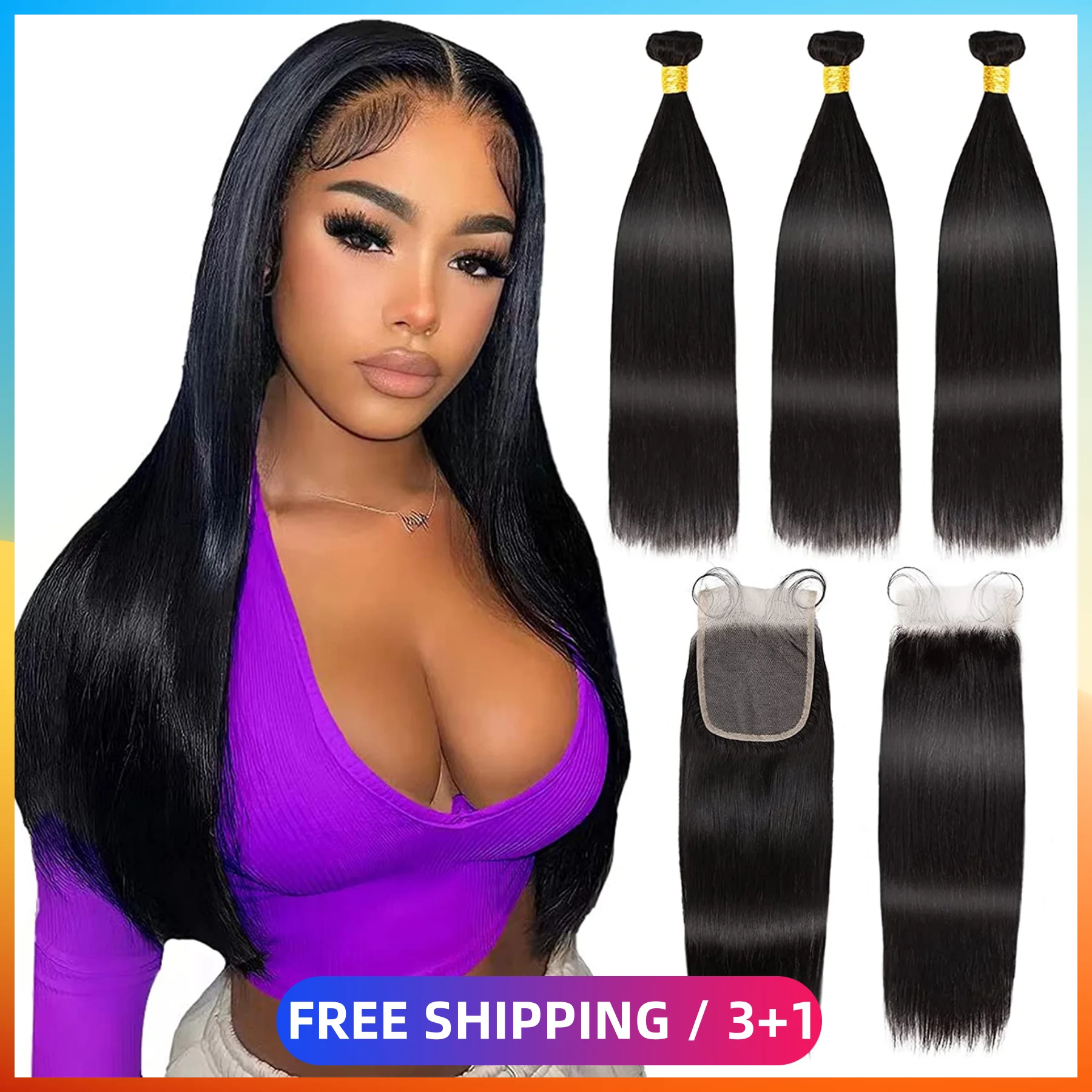 

Bone Straight Weaves Bundles With Closures 4x4 HD Lace Natural Black Peruvian Real Human Hair Weft Sew In 13x4 Frontal For Women