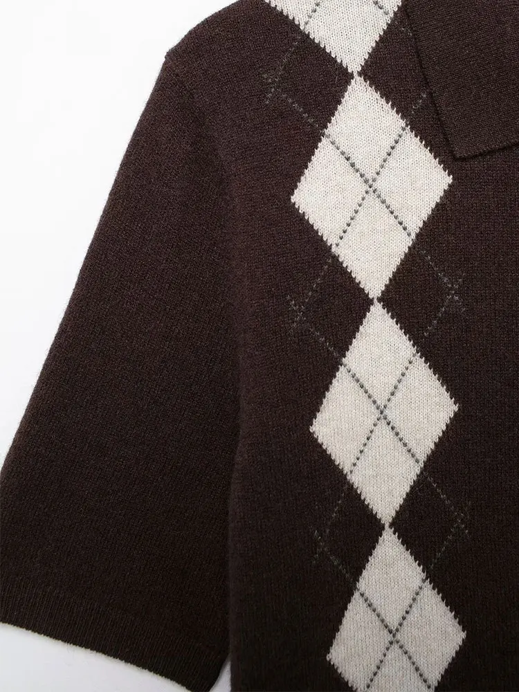 NLZG 2025 Women Argyle Knitted Sweater Short Sleeve Turn-down Collar Short Sweaters Woman Chic Casual Pullovers Tops