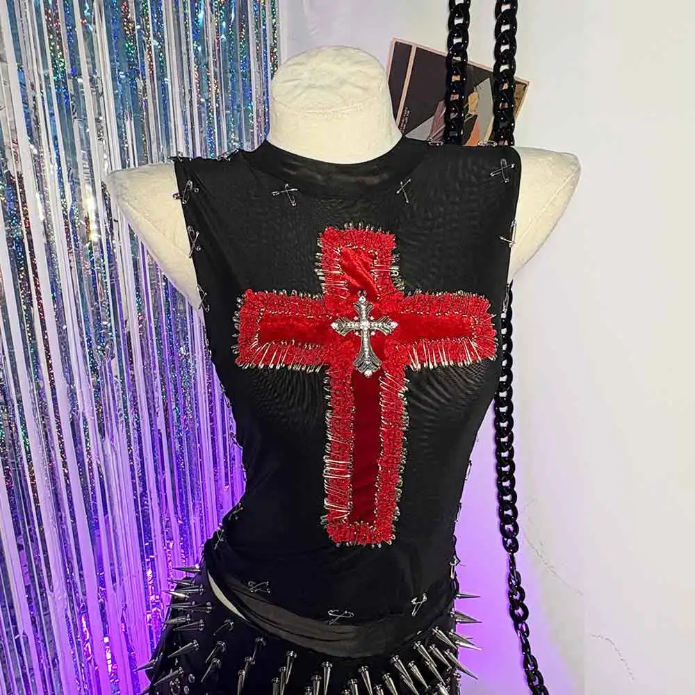 

Cross Fashion Revival Pin Y2K TOPS Harajuku Grunge Rave Outfits Punk Rock Goth Gothic Tank Club Wear Teen E-Girls Emo