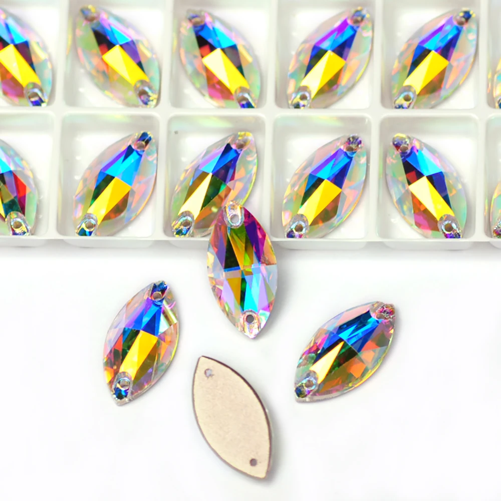 PUBRILEX Großhandel K9 Glas-Aufnähsteine mit Navette-Kanten und Facetten, DIY-Nähsteine mit flacher Rückseite für Kleidung, Taschen und Accessoires – Detail 5