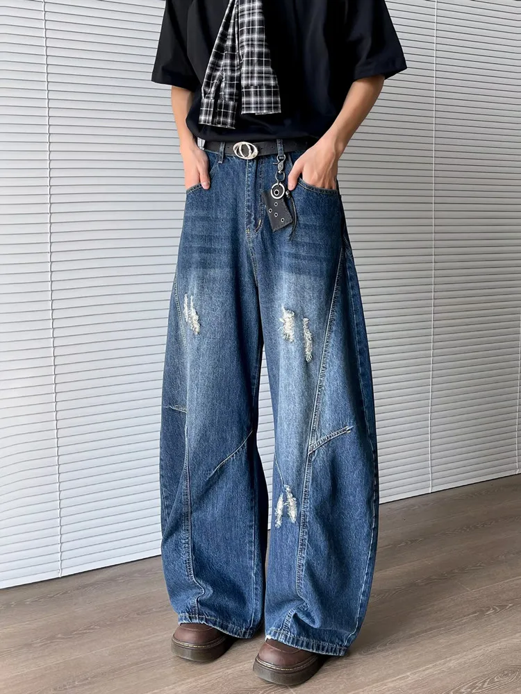 Trashy Y2K 2000S الشارع الشهير غسلها الأزرق فضفاض ممزق مكدسة الجينز السراويل للرجال 90S الملابس خمر واسعة الساق السراويل الدنيم القديمة