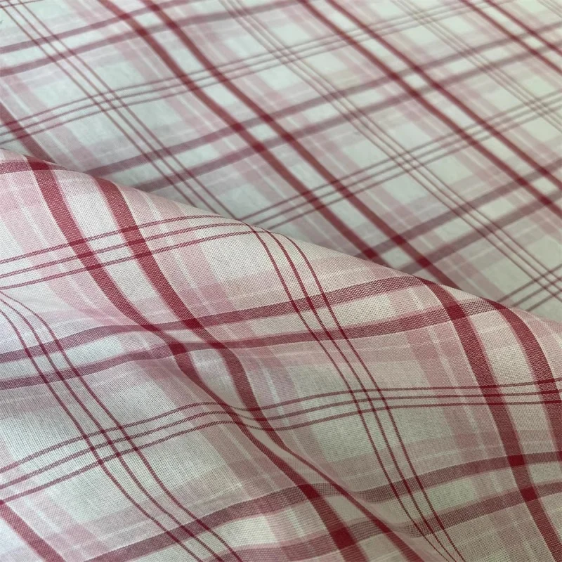 

Pink checkered mulberry silk pure silk cotton summer lightweight fabric custom-made shirt and skirt breathable fabric