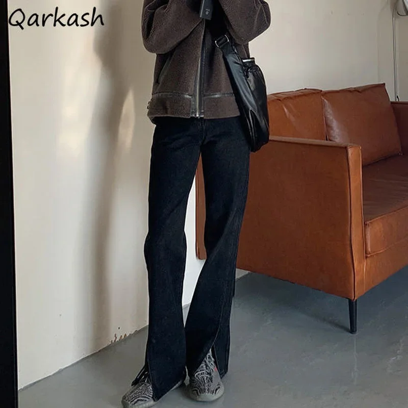 

S-5XL Джинсы женские с разрезом спереди однотонные минималистичные винтажные с высокой талией Ulzzang универсальные женские ретро джинсовые повседневные стильные