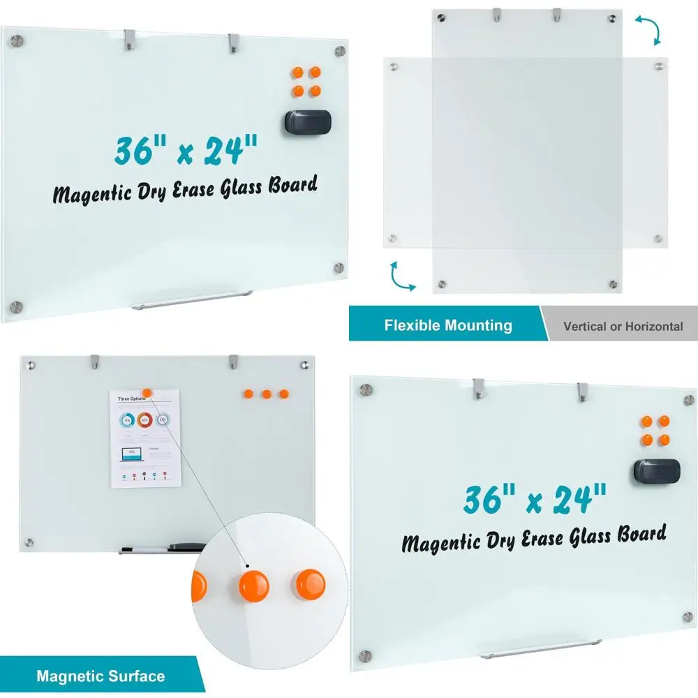 

36 x 24 Wall-Mounted Magnetic Glass Whiteboard, Frameless Office/School Board