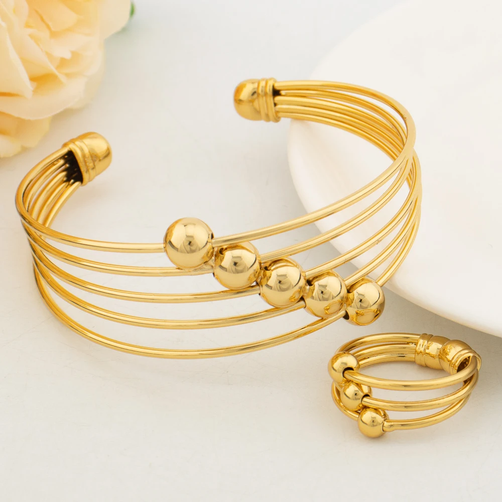 Luxury Cuff Bangles with Ring African Dubai Gold Color Lucky Beads Charm Bracelet Fashion Wedding Jewelry Party Christmas Gifts