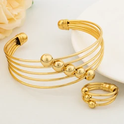 Luxury Cuff Bangles with Ring African Dubai Gold Color Lucky Beads Charm Bracelet Fashion Wedding Jewelry Party Christmas Gifts