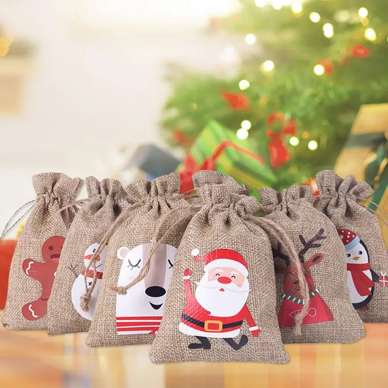 

Christmas Linen Drawstring Bags Candy Biscuits Pouchs with stickers festival Decoration 24 Days Advent Calendar Bags kids gifts