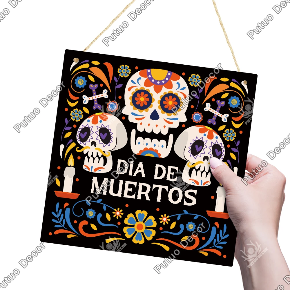 Putuo Decor  Mexican Style Flower Headband Skull Wooden Hanging Sign, Wall Decoration for Home, 7.8x 7.8 Inches Day of the Dead