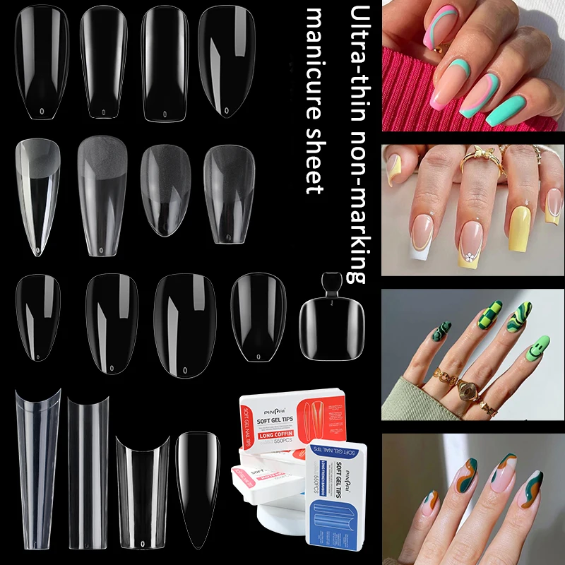 PINPAI 550PCS Clear Acrylic Long Ballerina Fake Nails Almond Coffin Full Half Cover False Nails Artificial Nail Soft Gel Tips