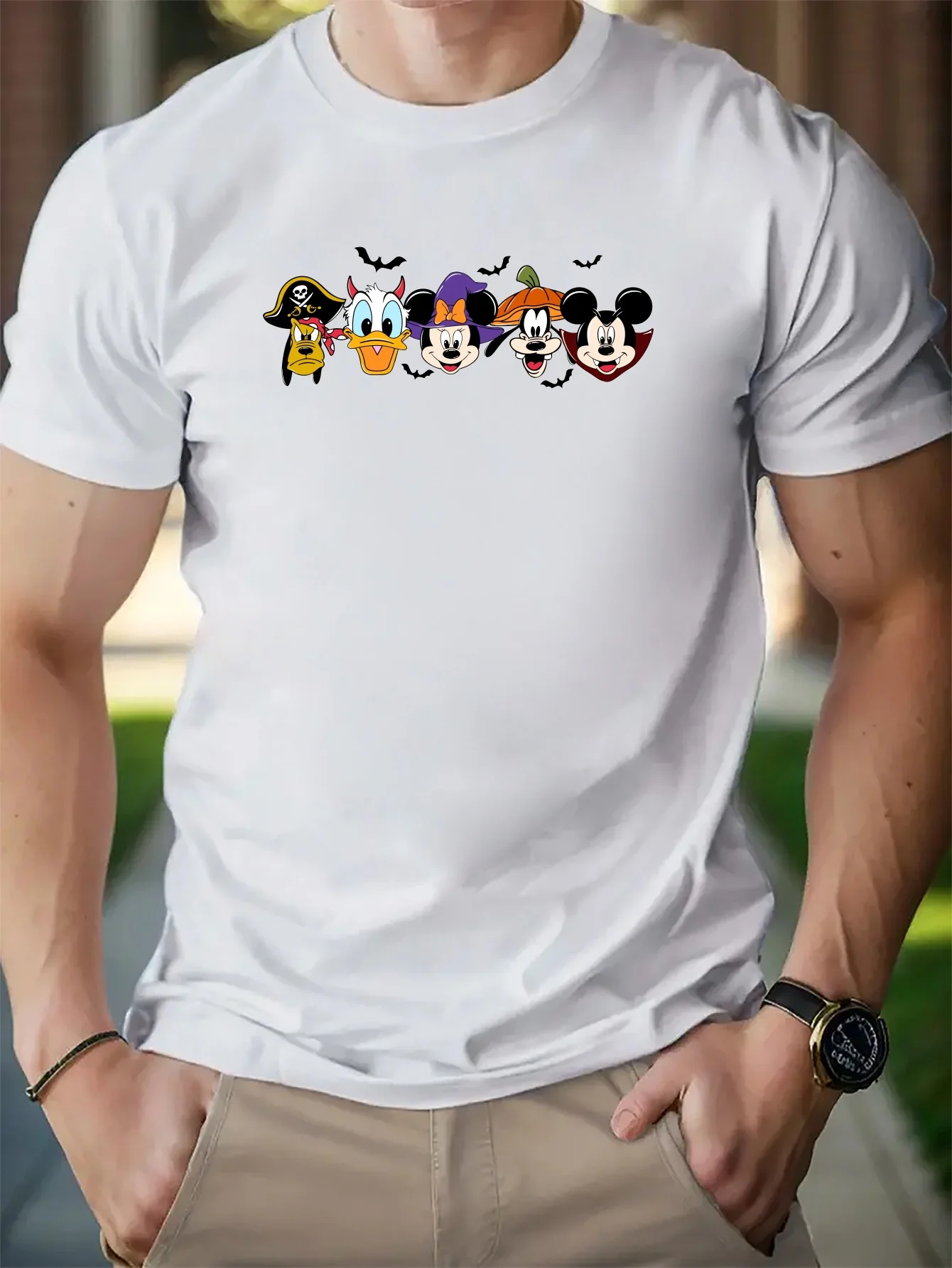 Disney T-Shirts Men\'s Casual Cartoon Halloween Mickey And His Friends Print Short Sleeve Slight Stretch Casual Comfortable