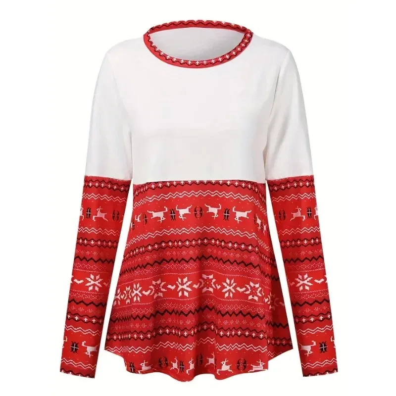 Damska koszulka plus size z długim rękawem, świąteczny wzór z reniferem, płatkiem śniegu i falistym geometrycznym wzorem, modna koszulka damska na jesień.