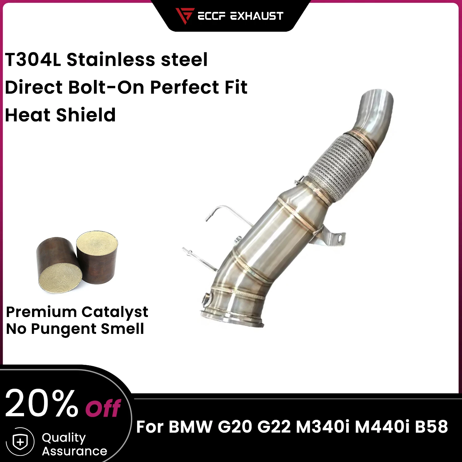 

ECCF Sports Downpipe With Heat Shield For BMW G20 G22 M340i M440i B58 Aggressive Exhaust Sound High Flow Performance Upgrade