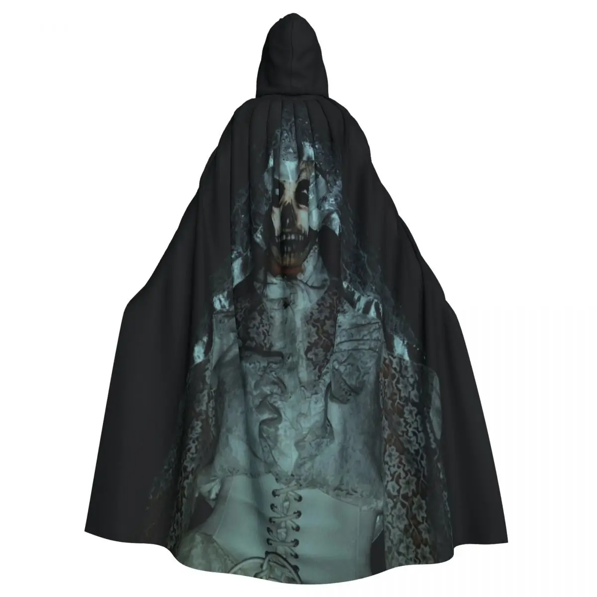 

Dark Wedding Dress Cloak with Skeleton Design for Halloween Cosplay Unisex Adult Cloak with Hood Long Witch Costume Cosplay