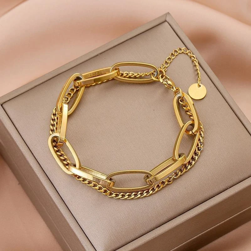 Golden Double Layer Cuban Link Bracelet for Women, Adjustable Chain Bracelet, Minimalist Luxury Jewelry Gift