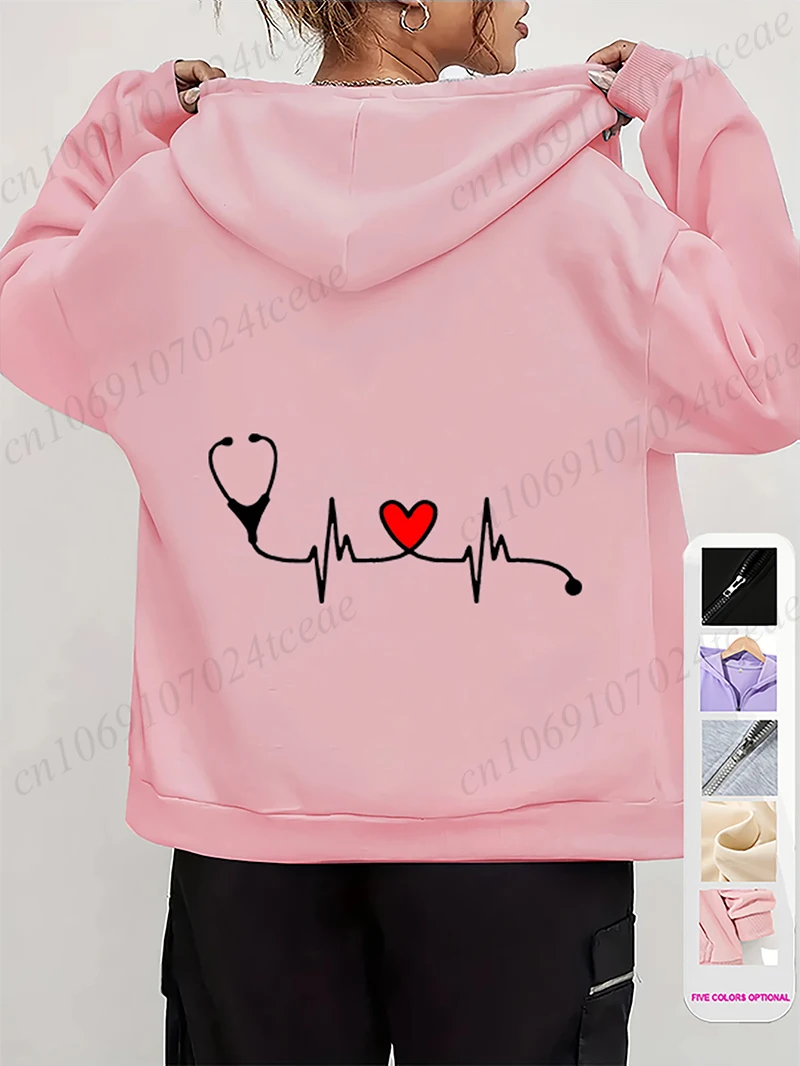 المرأة الخريف الشتاء هوديس السماعة EKG سحاب مطبوع جاكت مزود بغطاء للرأس التمريض سستة جيب البلوز ممرضة الحياة أبلى