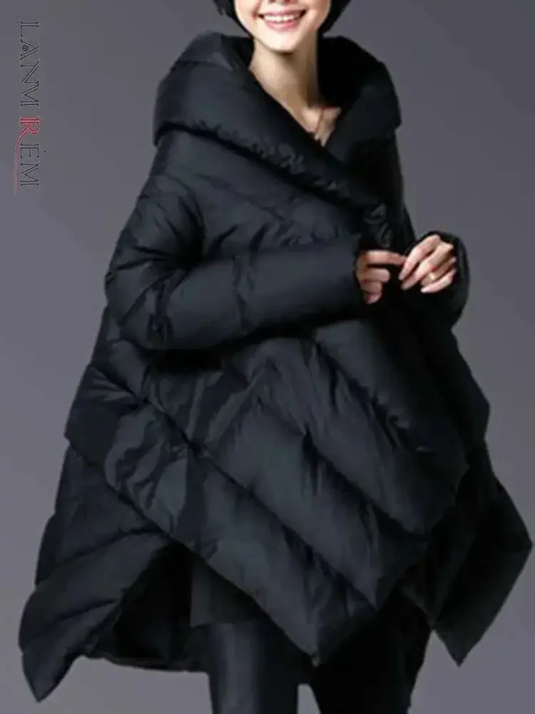 Women Fashion Irregular Design A-line Solid Color Loose Mid Length Clothing Winter Big Size Down Coat For