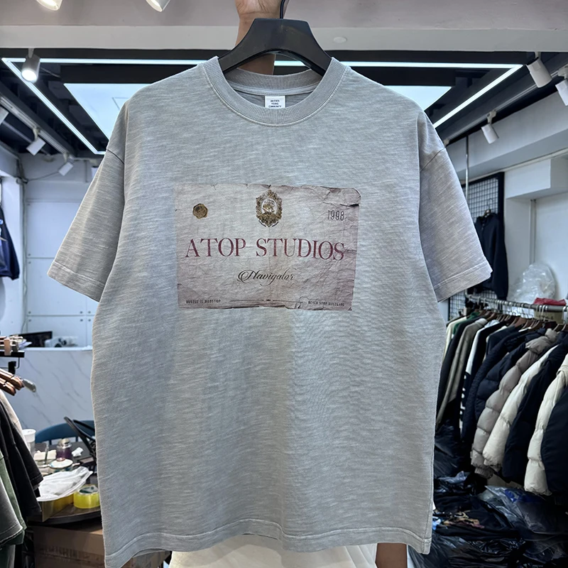 

Vintage American High Street Faded Paper Illustration Letter Print Loose Hip Hop ort Sve T-irt Summer Youth Faion