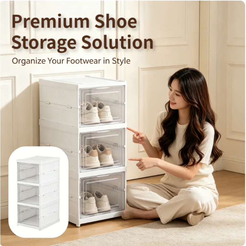 3 Tier Clear Shoe Organizer Foldable Stackable Large Sneaker Storage Box with Vent Holes for Closet Entryway Bedroom Men Women