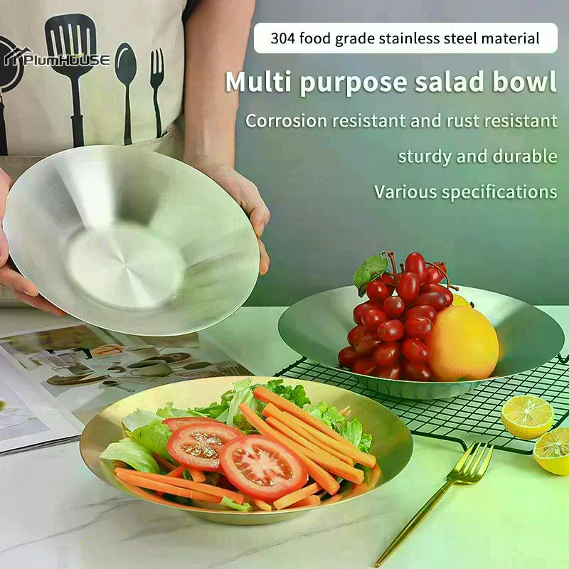 23cm/27cm 304 Stainless Steel Round Pasta Fruit Salad Serving Bowl Modern Korean Kitchenware Large Capacity Plate