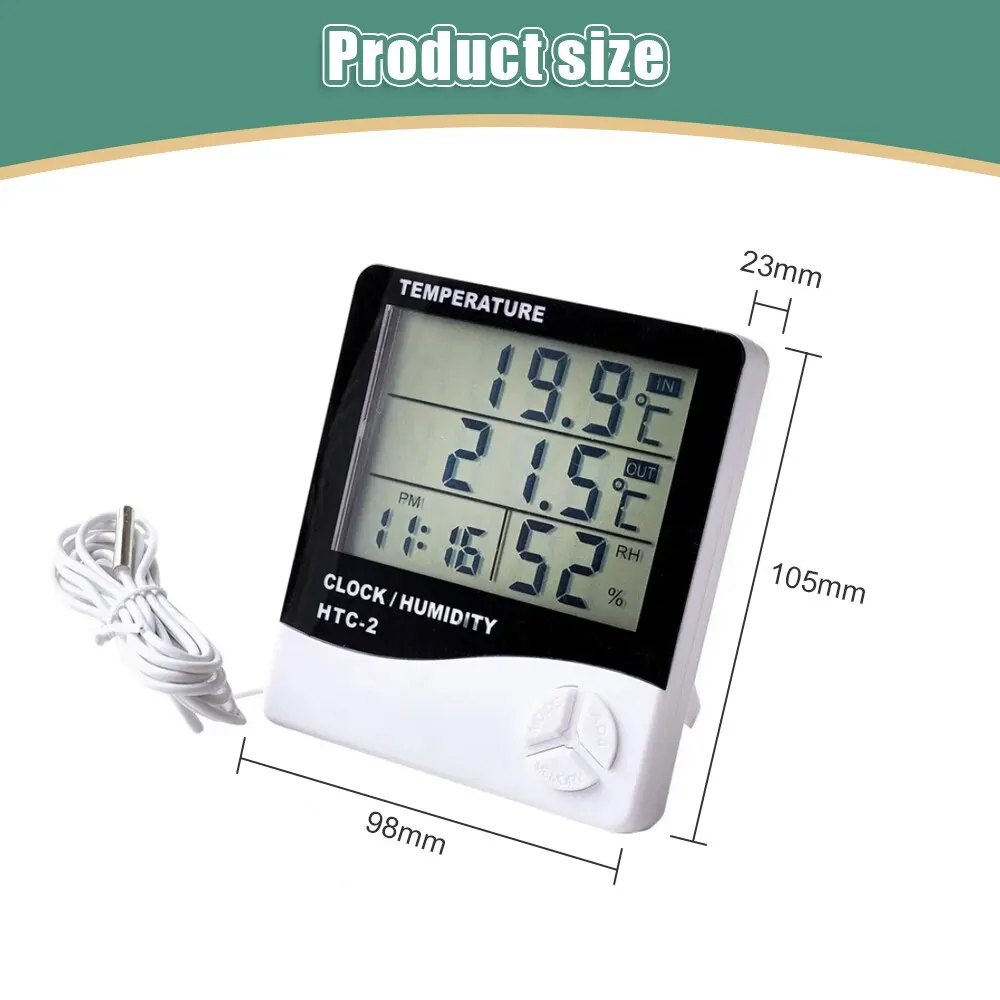 Oauee LCD Electronic Digital Temperature Humidity Meter Indoor Outdoor Thermometer Hygrometer Weather Station Clock HTC-1 HTC-2