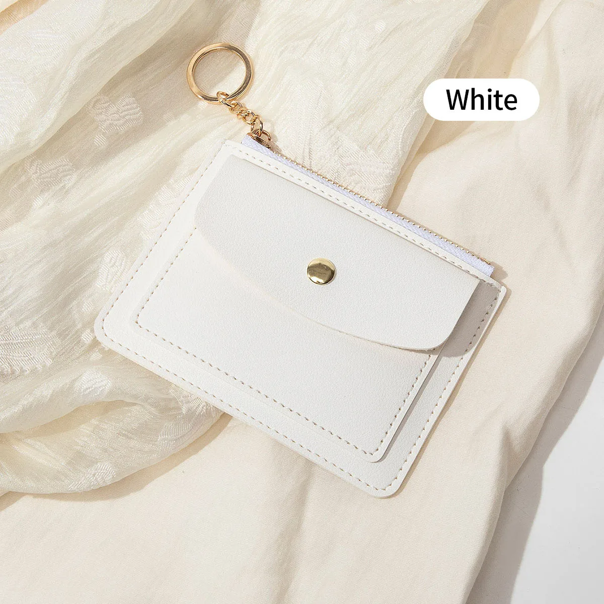 Schlanke grüne PU-Leder-Geldbörse für Damen, Kartenhalter, Schlüsselanhänger, Reißverschluss, als Geschenk, Mini-Münzbörse mit Knopfverschluss und Sichtfenster für Karten – Detail 7