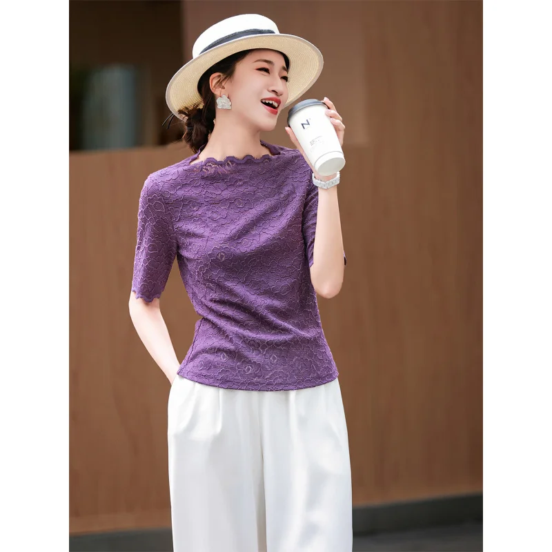 MEXCOCO 2026 Summer French Hollow Lace Blouse Scalloped Neck Half Sleeve Slim Elegant Commuter Office Women Casual Top