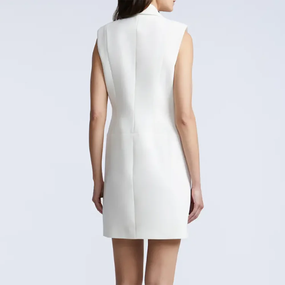 Modern Women White Double Breasted Blazer Dress Peaked Lapel Sleeveless Formal Evening Banquet Outfit Elegant Wedding Party Wear