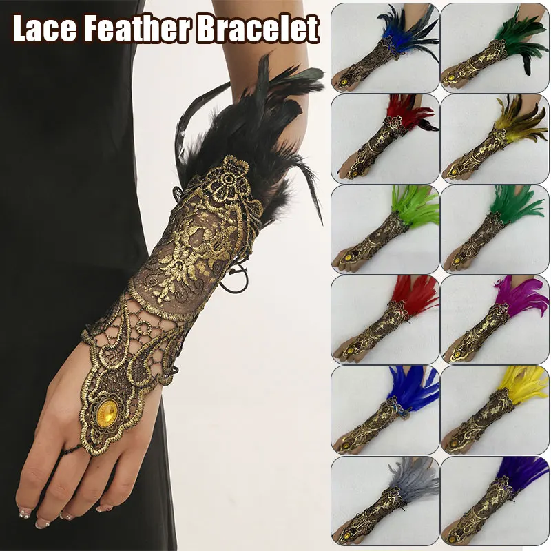 2pcs Gothic Feather Gold Lace Long Gloves Women Lace-up Bracelet Party Perform Sexy Y2k Fingerless Gloves Halloween Accessories