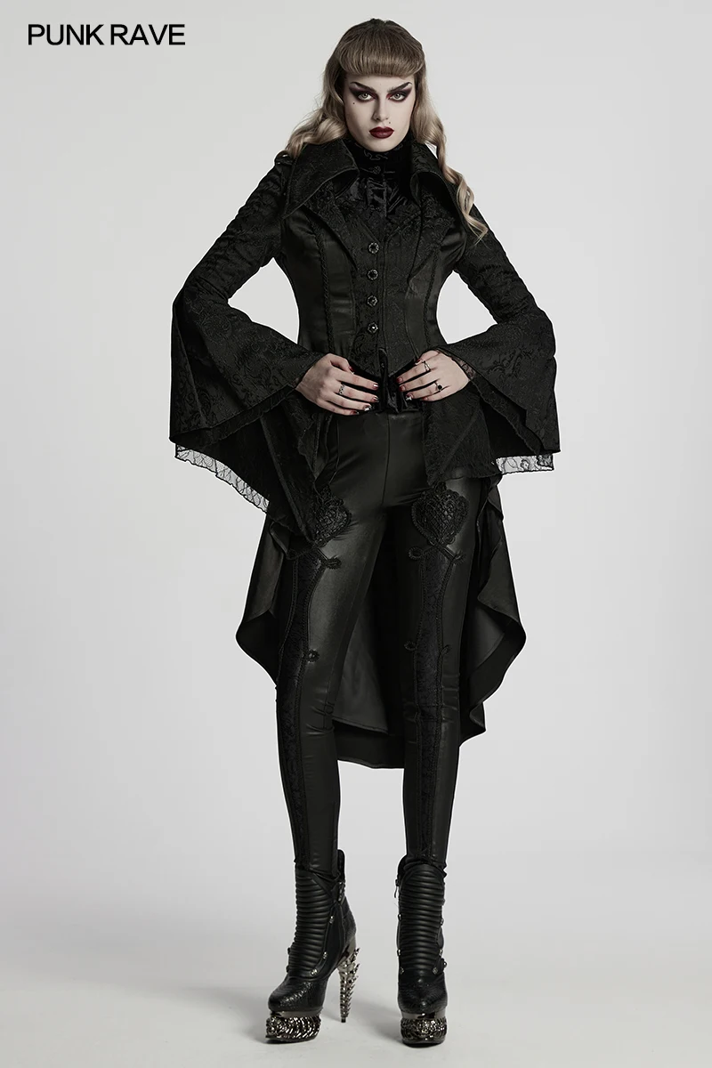 PUNK RAVE Women's Gothic Gorgeous Jacquard Lace Palace High-low Jacket Overlapping Design Layered Beauty Party Club Long Jackets