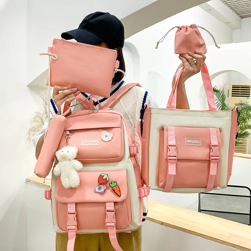 2023 New Canvas Backpack Female Korean Version Large Capacity 5-piece Set of Middle School Students Backpack College School Bag