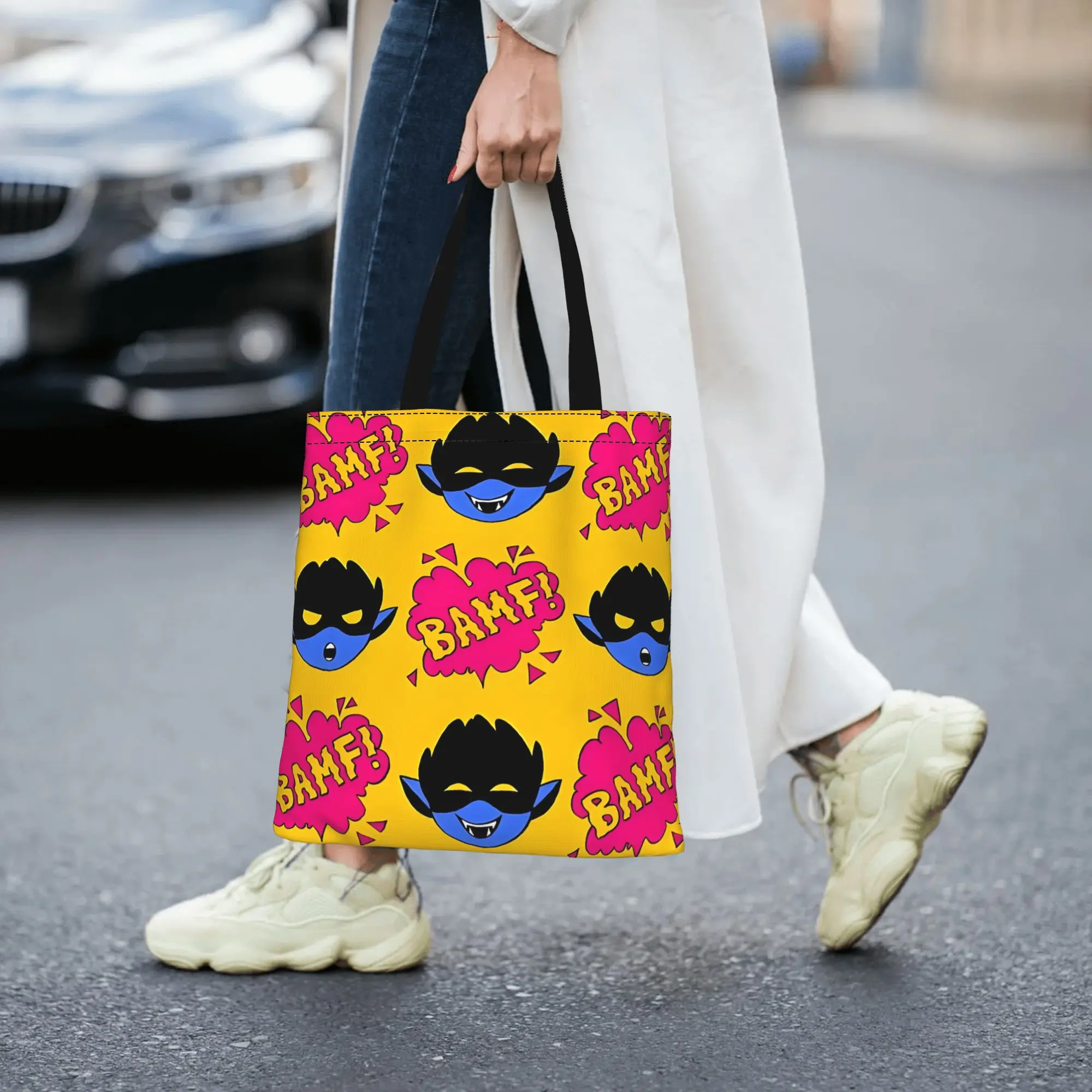 

2026 women's bag BAMFS Pattern Reusable Double Sided Canvas Tote Bag Shoulder Marvel Handbag
