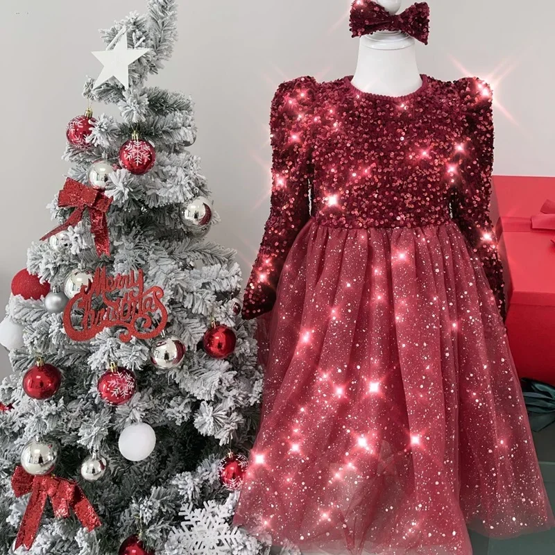 Sequin Elegant Princess Dress for Girls Kids Birthday Wedding Evening Prom Gown Fall Winter Long Sleeve Children\'s Dress 3-8 Yrs