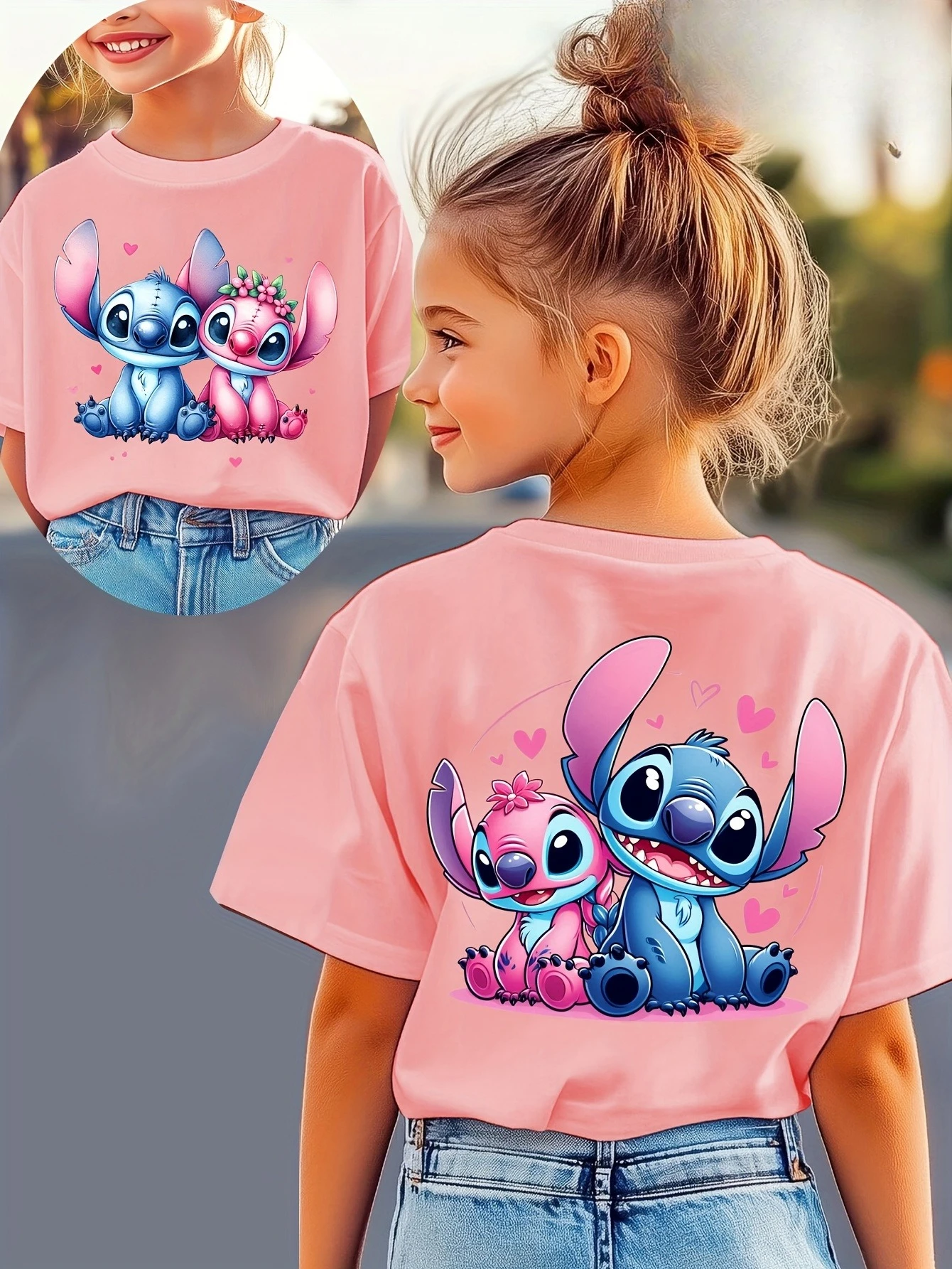 الفتيات أزياء غرزة طباعة تي شيرت شخصية الكرتون على الوجهين عارضة طاقم الرقبة الشارع الشهير متعة غرزة الاطفال الملابس القطنية