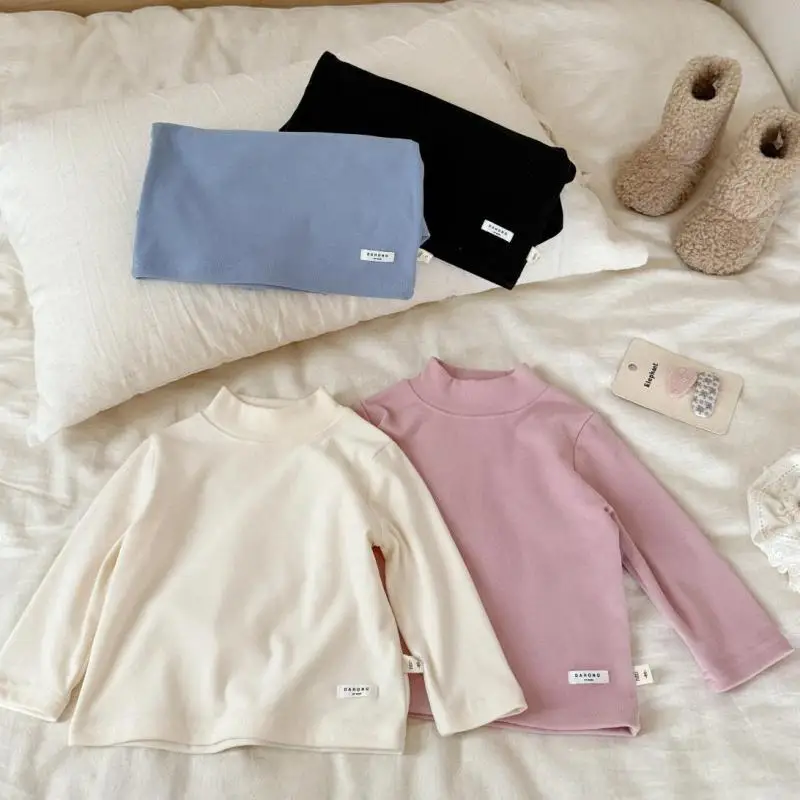 

Boys Cotton Tops Baby Clothes 2025 Autumn New Children Long Sleeve T Shirts Solid Girls Half High Collar Bottoming Shirts