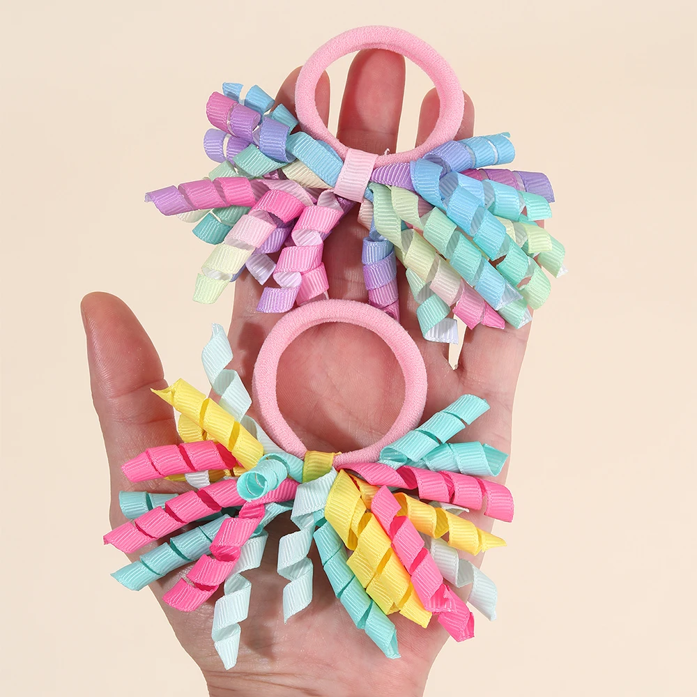 2Pcs Trendy Firework Hair Ties Rainbow Curly Ribbon Elastic Rubber Bands For Girls Kids Cute Hair Ropes Daily Hair Accessories image 5