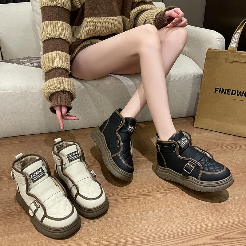 

All-Match Shoes Woman Flats Round Toe Clogs Platform Dress New Creepers Winter Rubber Plush Med Ankle Basic Solid Rome Slip-On L