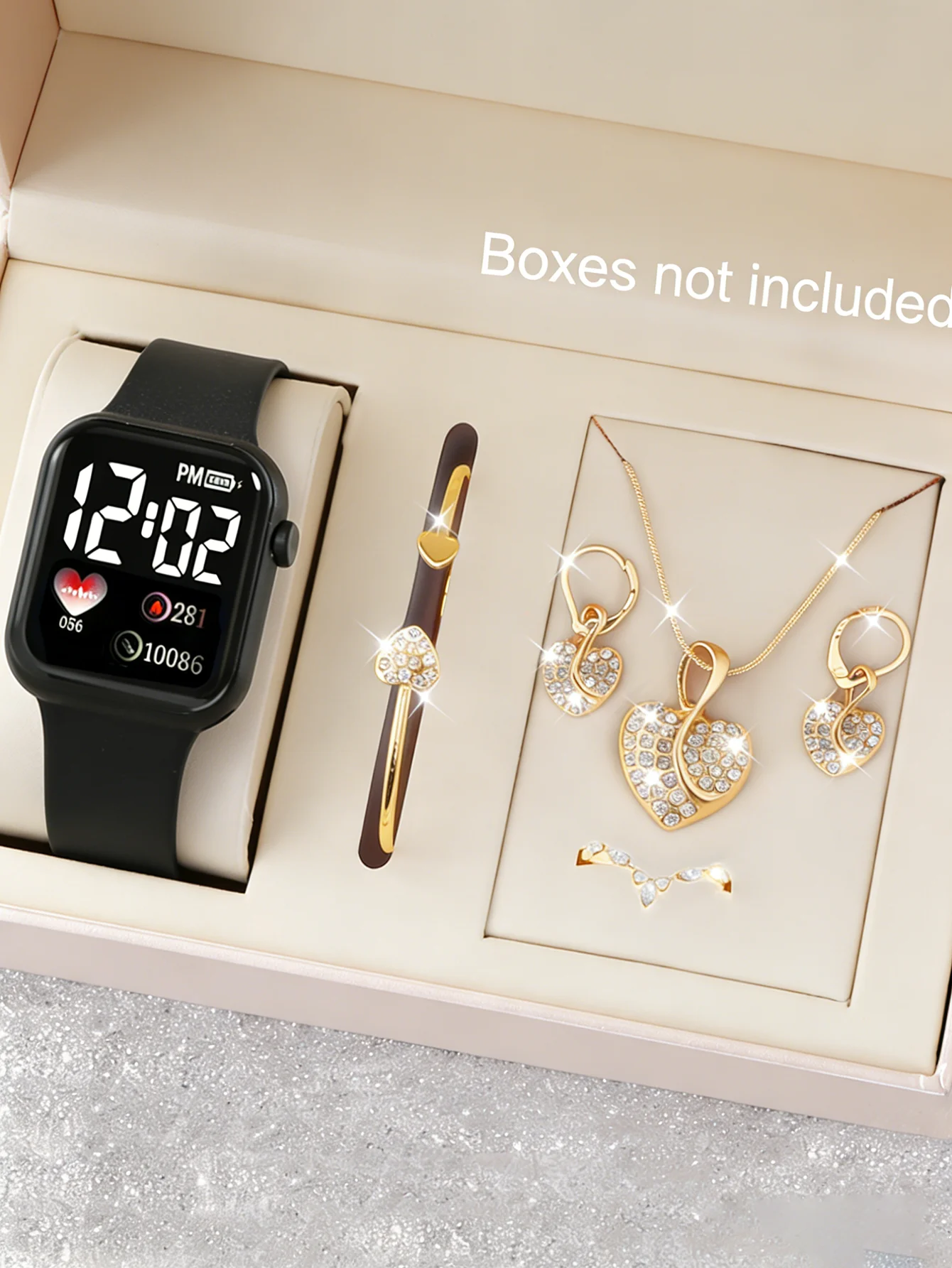 Square Electronic Watch And Heart-Shaped Jewelry Set Non-Chargeable Battery Non-Smart Watch Birthday Gift No Box view 2