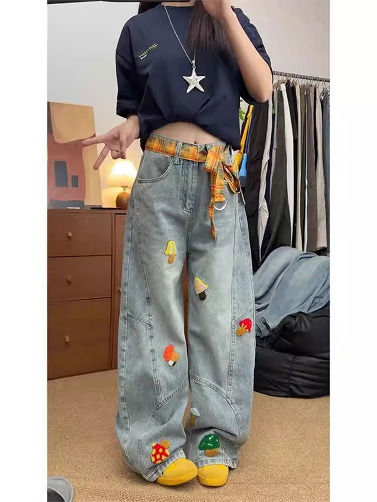 

High Waist Wide Leg Knife Embroidered Denim Pants American Retro Cartoon Towel Design Women Spring Autumn Loose Fit Jeans