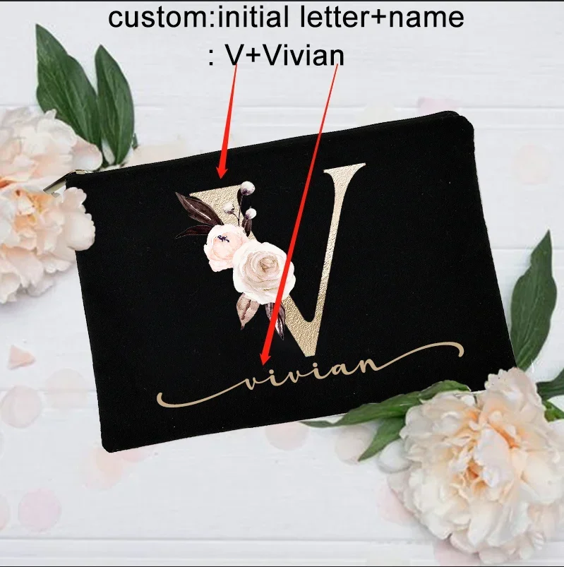 Personalized Custom Initial Name Makeup Bag Bridal Shower Gift Canvas Toiletry Organizer Bridesmaid Make Up Bags Cosmetic Case