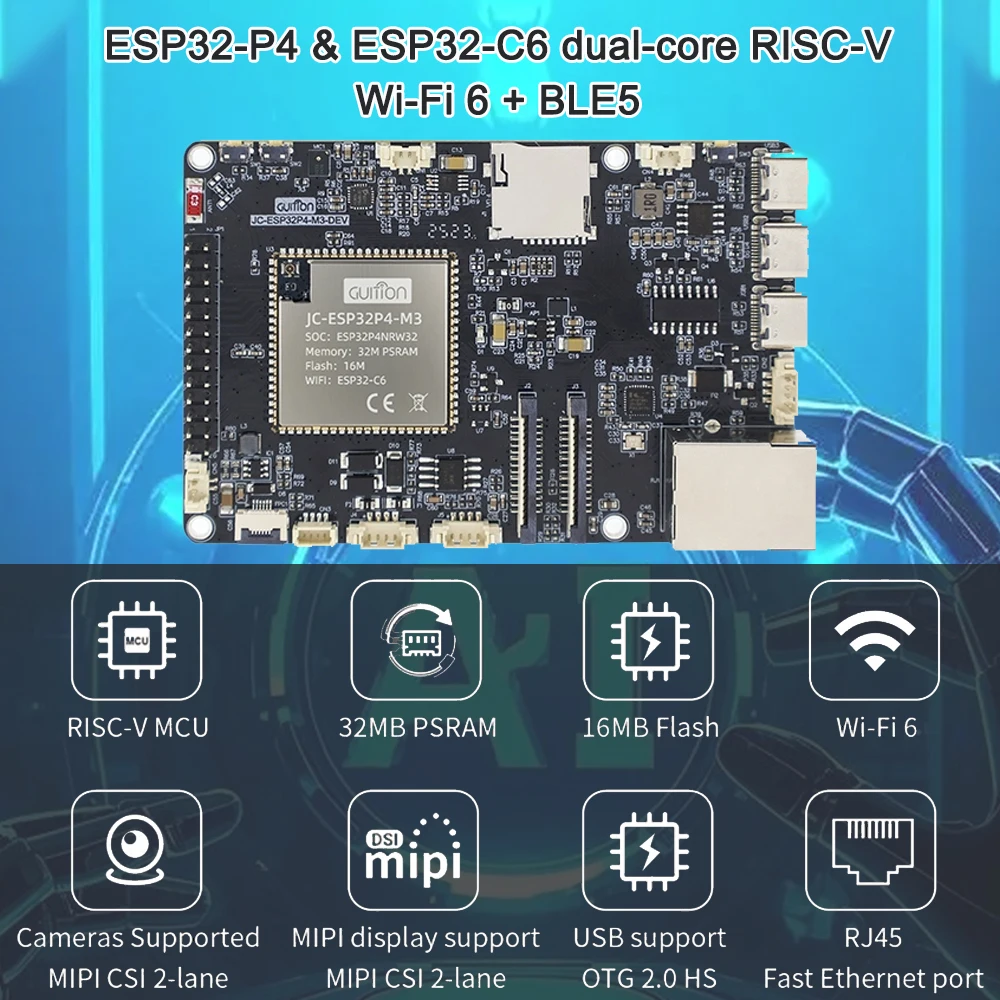 Dual-core RISC-V ESP32P4 + ESP32-C6 Development Board RJ45 100Mbps Ethernet Port AI Human-Computer Interaction Module Wi-Fi6