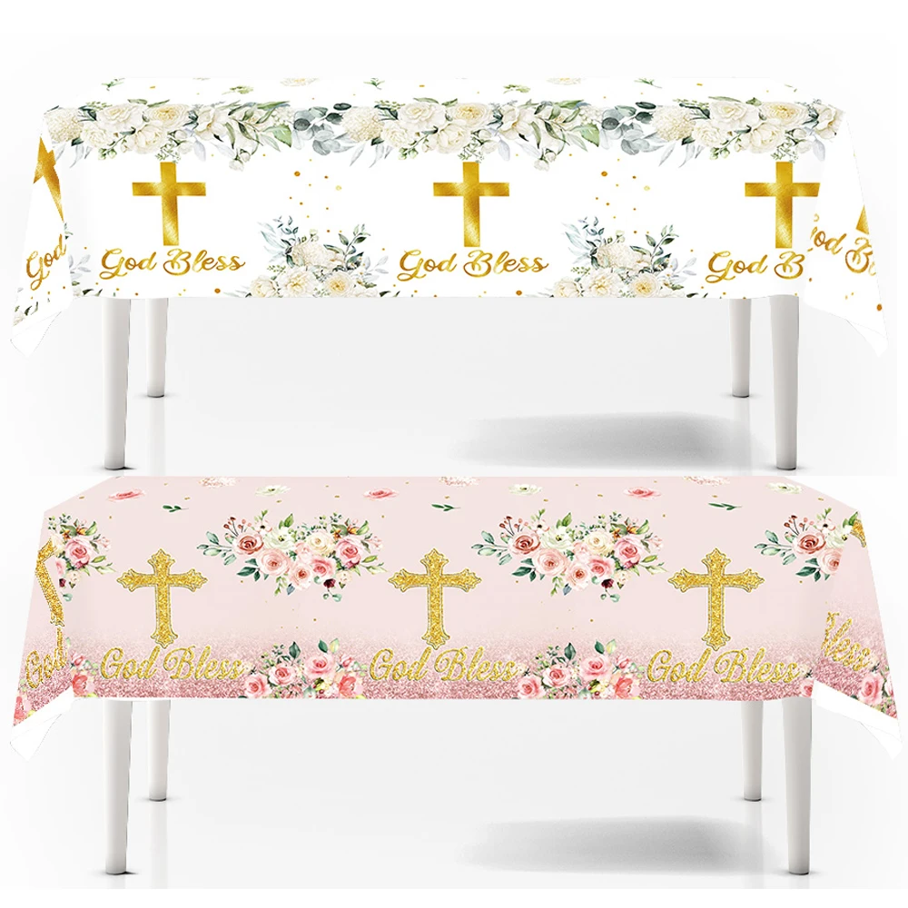 Holy Communion Baptism Flower Cross Party Tablecloth Decorations Religious God Bless Pink and White Plastic Table Cover Supplies