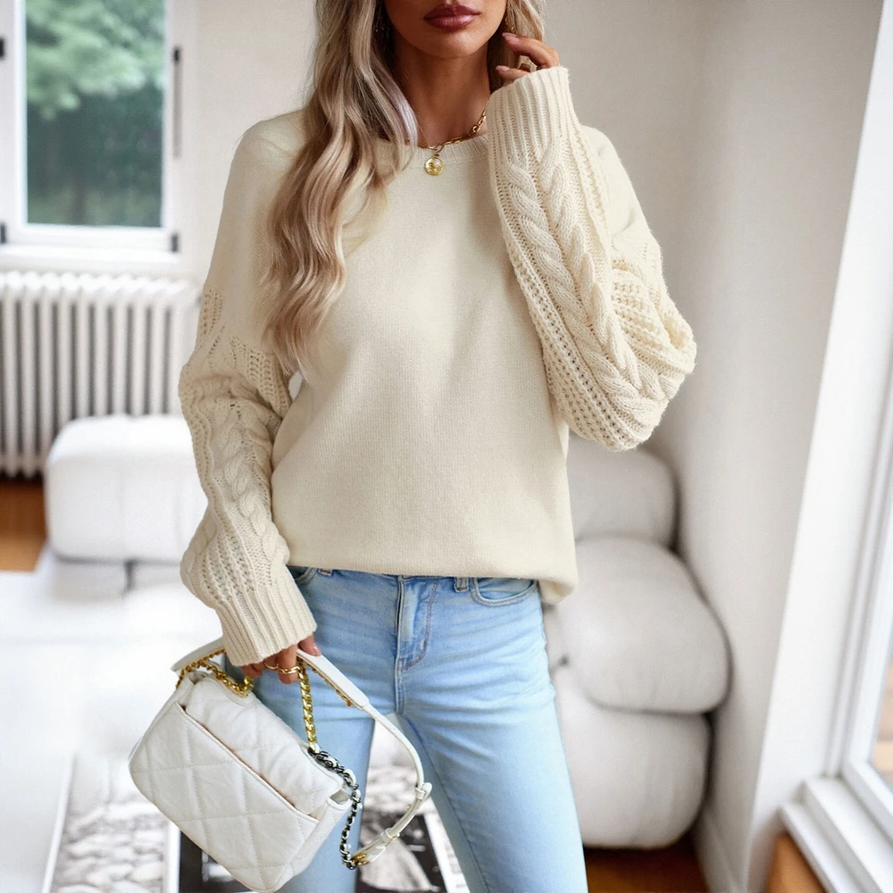 

Business Commute Style Long Sleeve Round Neck Sweater Fitted Design Straight Sleeve No Decoration Fashionable Women's Top