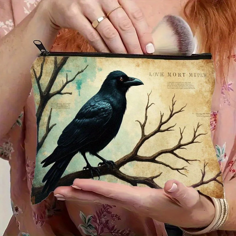 Gothic Raven Print Zippered Pouch - A Vintage-Style Design Featuring a Lifelike Crow Perched on a Branch