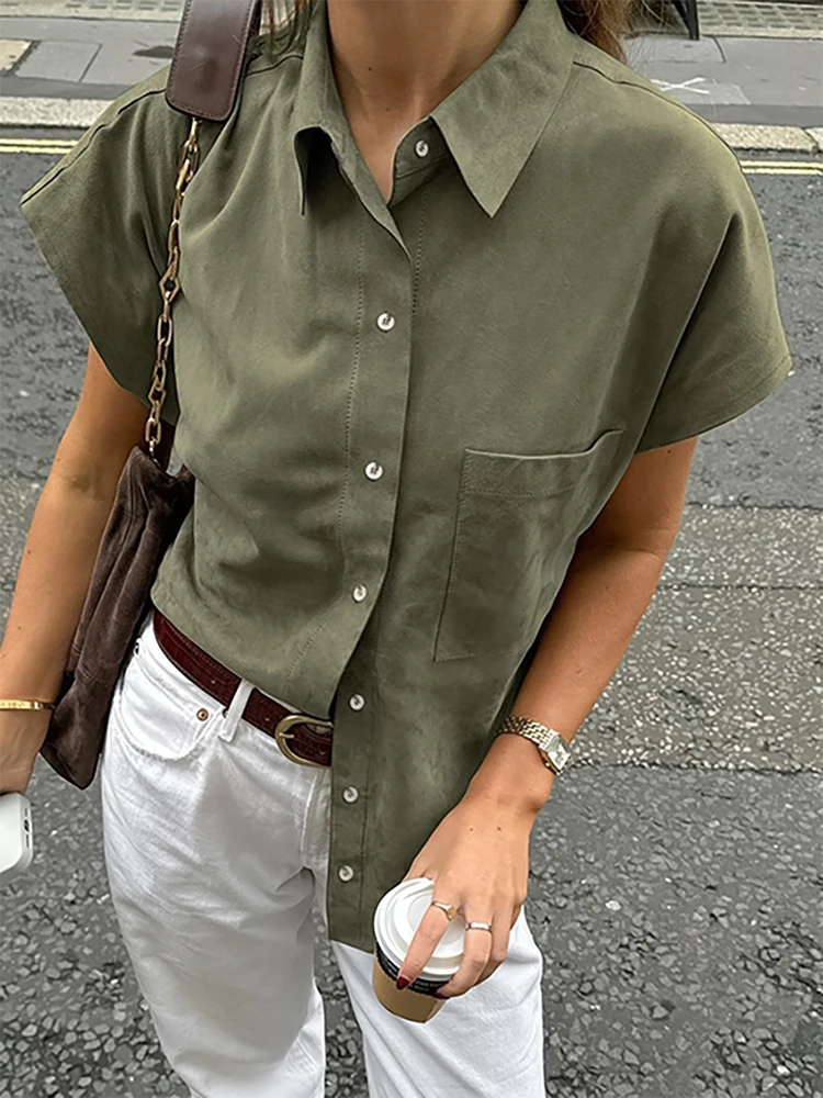 

Лето 202, винтажная зеленая блузка в стиле ретро, женская рубашка с отложным воротником, однобортный повседневный топ без рукавов с карманами для женщин 55905