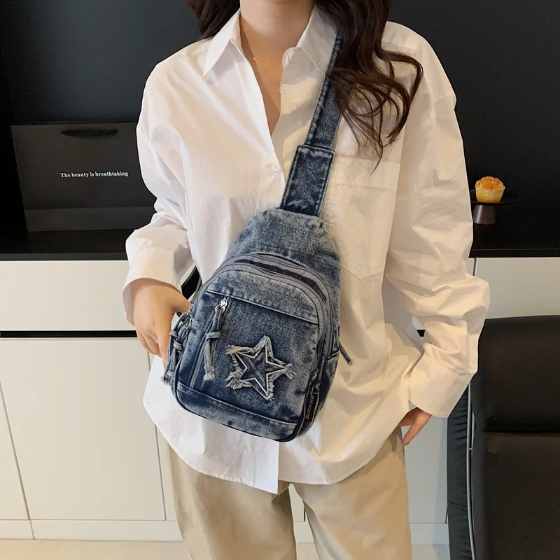 

Trendy Washed Denim Sling Bag with Frayed Star Applique Casual Crossbody Chest Backpack for Women Perfect for Daily Outings