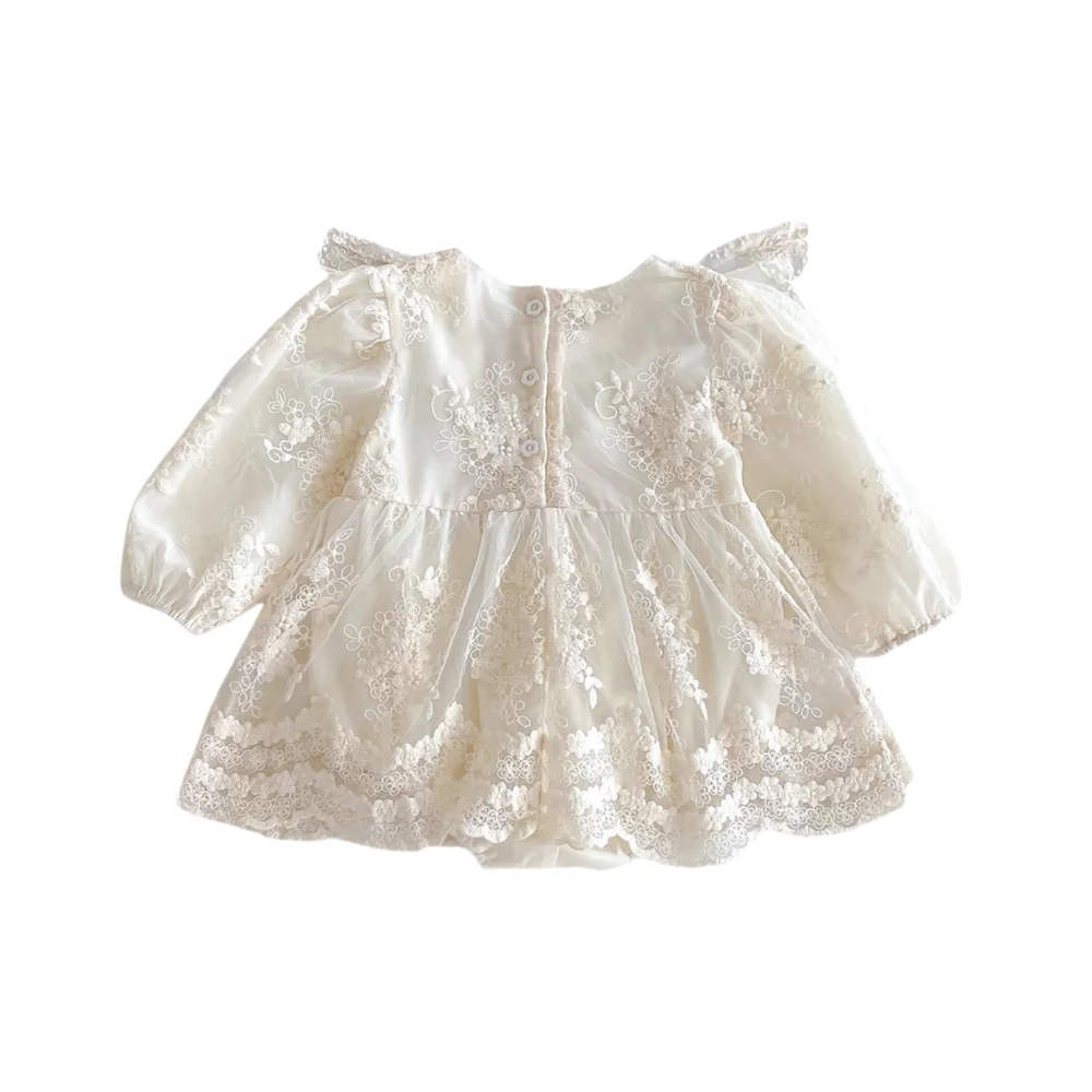 2025 Baby Girl Princess Dress 0-24M Vintage Lace Embroidered Ruffled Collar Romper Dress with Snap Closure Formal Party Dress - Image 2